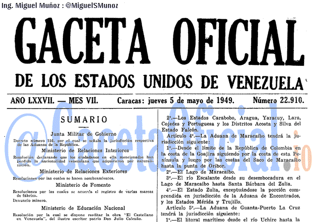 Gaceta Oficial 22910 del 5 Mayo 1949