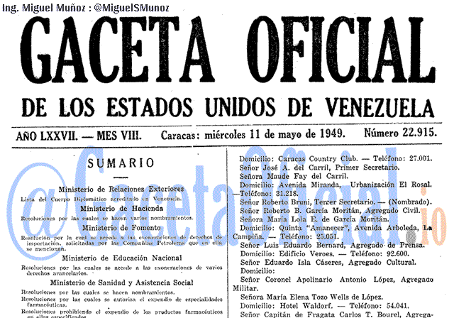 Gaceta Oficial 22915 del 11 Mayo 1949