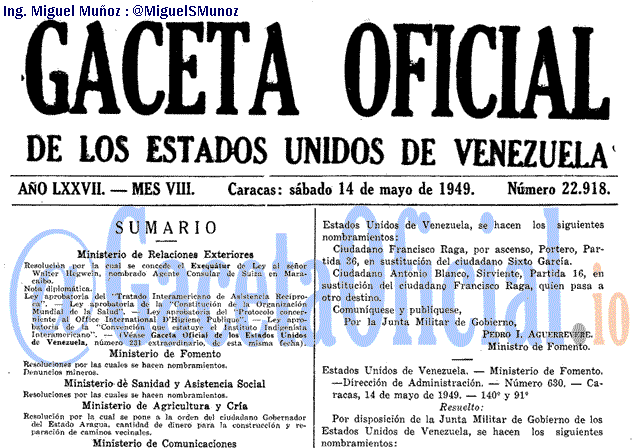 Gaceta Oficial 22918 del 14 Mayo 1949