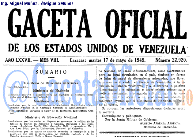Gaceta Oficial 22920 del 17 Mayo 1949