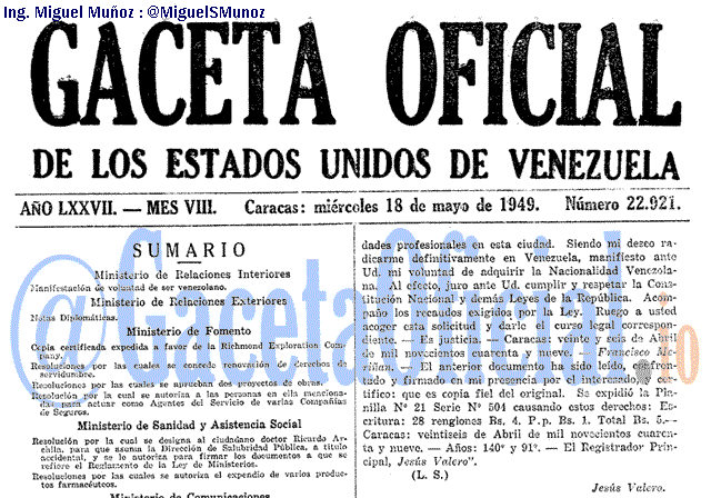 Gaceta Oficial 22921 del 18 Mayo 1949