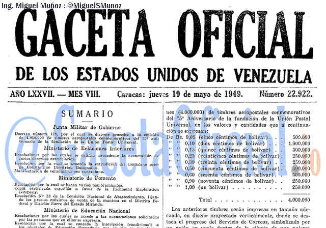 Gaceta Oficial 22922 del 19 Mayo 1949