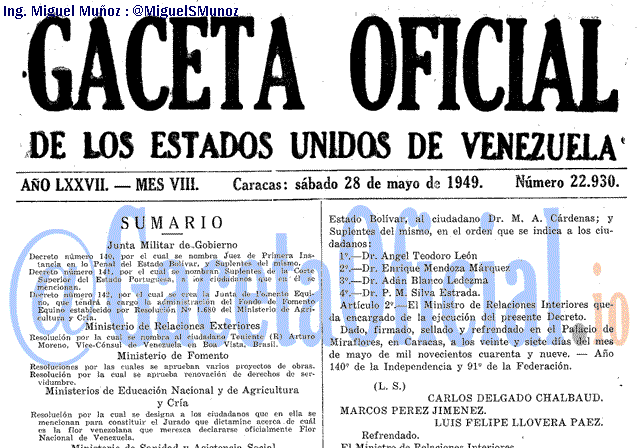 Gaceta Oficial 22930 del 28 Mayo 1949