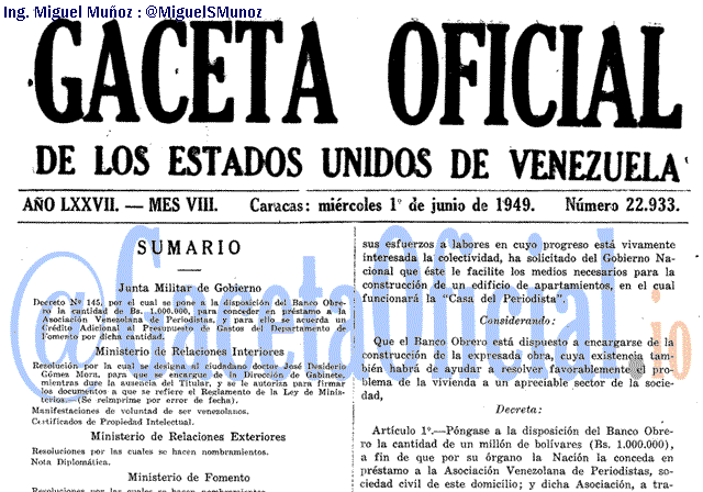 Gaceta Oficial 22933 del 1 Junio 1949