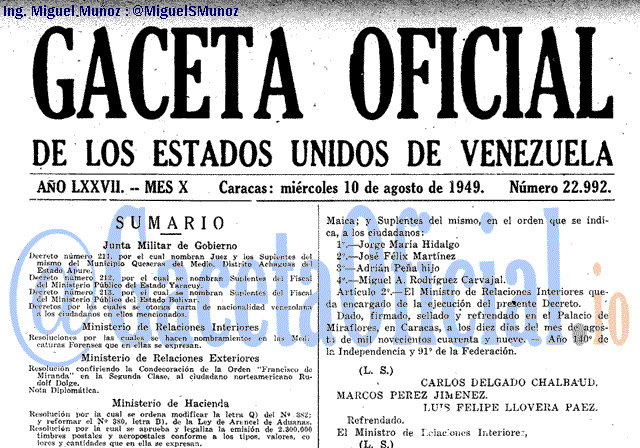 Gaceta Oficial 22992 del 10 Agosto 1949