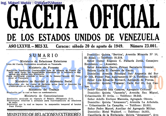 Gaceta Oficial 23001 del 20 Agosto 1949