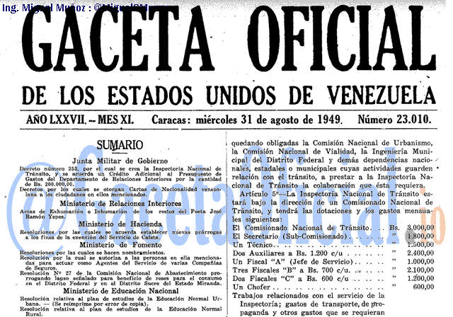 Gaceta Oficial 23010 del 31 Agosto 1949
