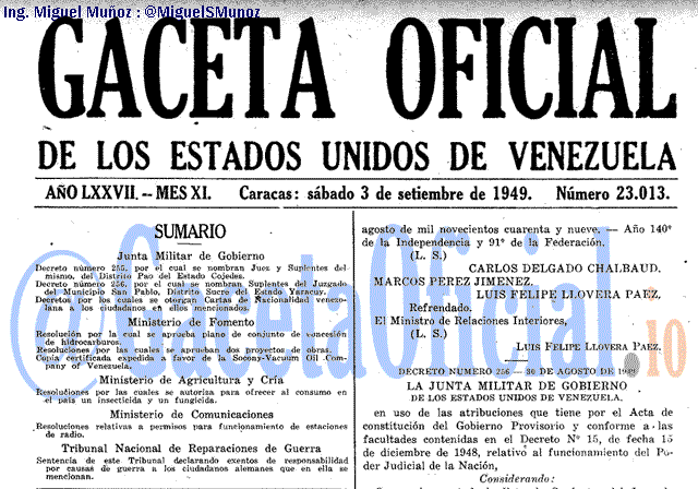 Gaceta Oficial 23013 del 3 Septiembre 1949
