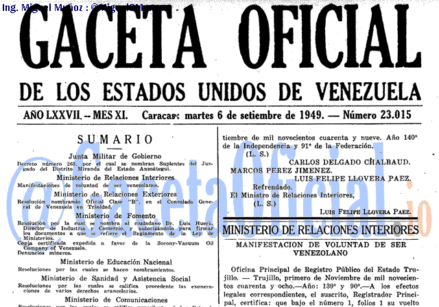 Gaceta Oficial 23015 del 6 Septiembre 1949