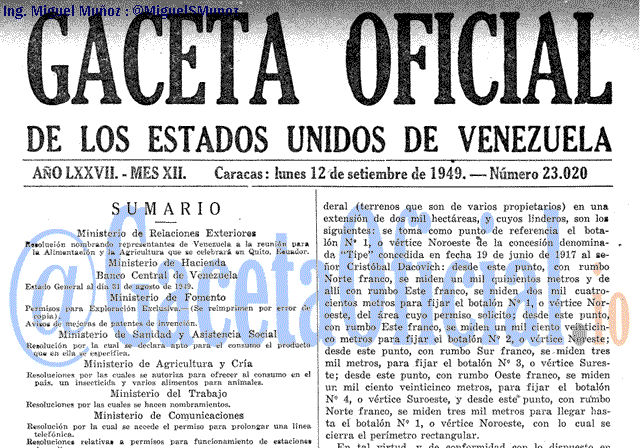Gaceta Oficial 23020 del 12 Septiembre 1949