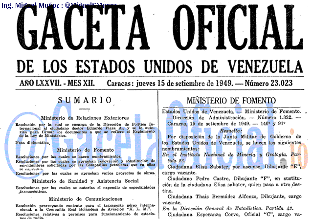 Gaceta Oficial 23023 del 15 Septiembre 1949