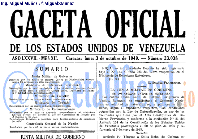 Gaceta Oficial 23038 del 3 Octubre 1949