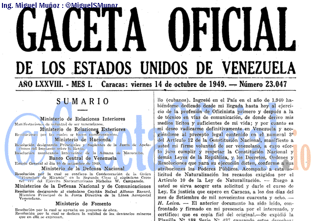 Gaceta Oficial 23047 del 14 Octubre 1949
