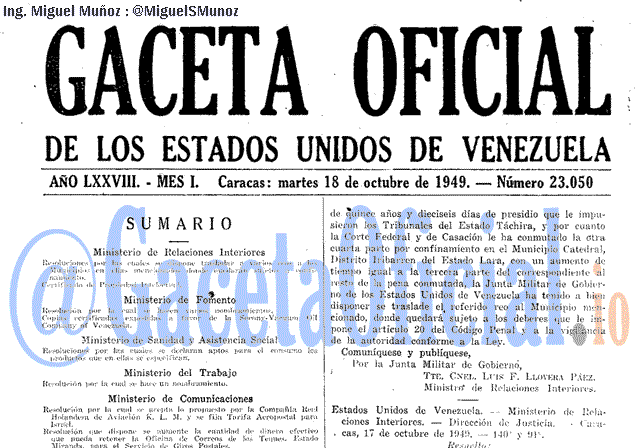 Gaceta Oficial 23050 del 18 Octubre 1949