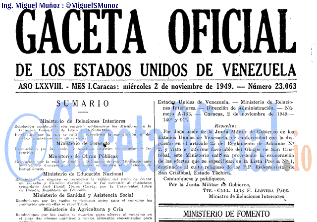 Gaceta Oficial 23063 del 2 Noviembre 1949
