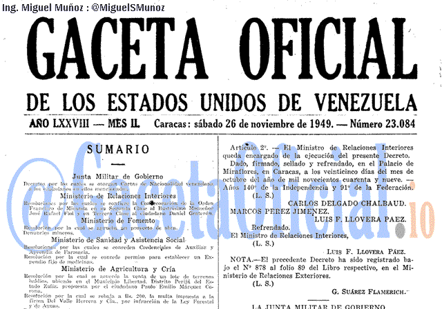 Gaceta Oficial 23084 del 26 Noviembre 1949