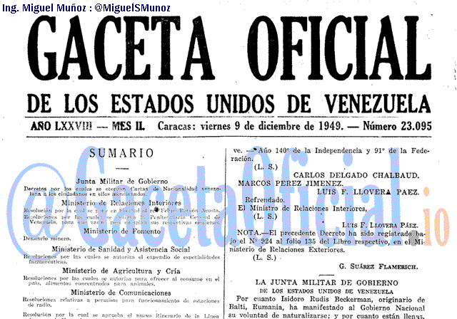 Gaceta Oficial 23095 del 9 Diciembre 1949