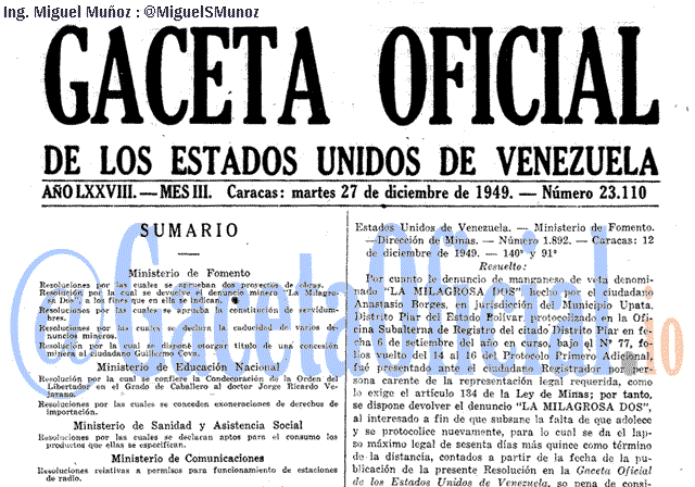 Gaceta Oficial 23110 del 27 Diciembre 1949