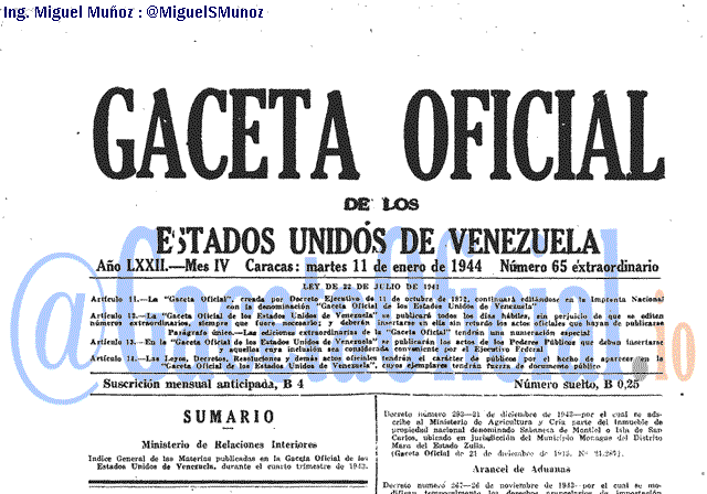 Gaceta Oficial 65 del 11 Enero 1944