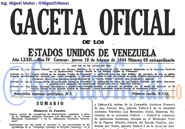 Gaceta Oficial 68 del 10 Febrero 1944
