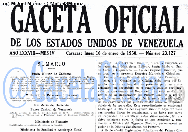 Gaceta Oficial 23127 del 16 Enero 1950