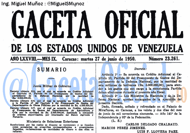 Gaceta Oficial 23261 del 27 Junio 1950