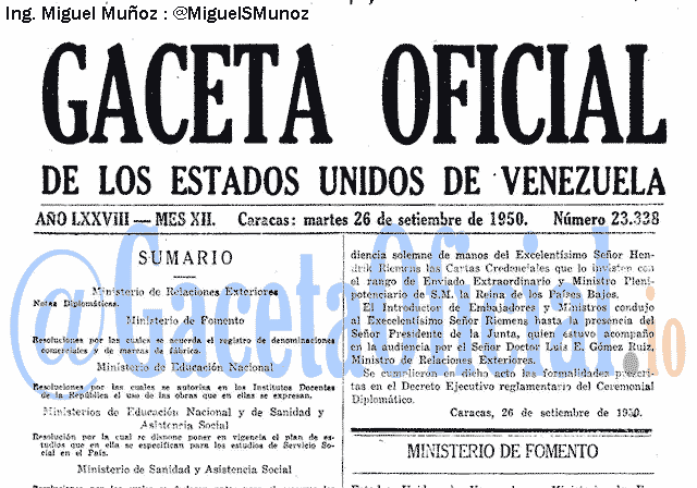 Gaceta Oficial 23338 del 26 Septiembre 1950