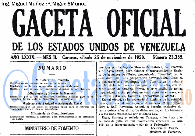 Gaceta Oficial 23389 del 25 Noviembre 1950