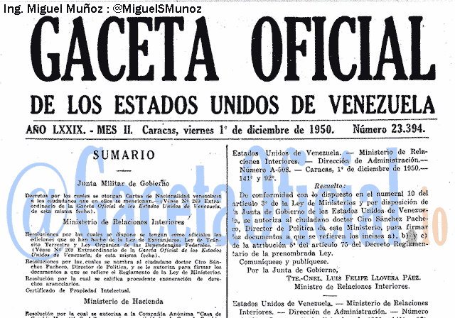 Gaceta Oficial 23394 del 1 Diciembre 1950