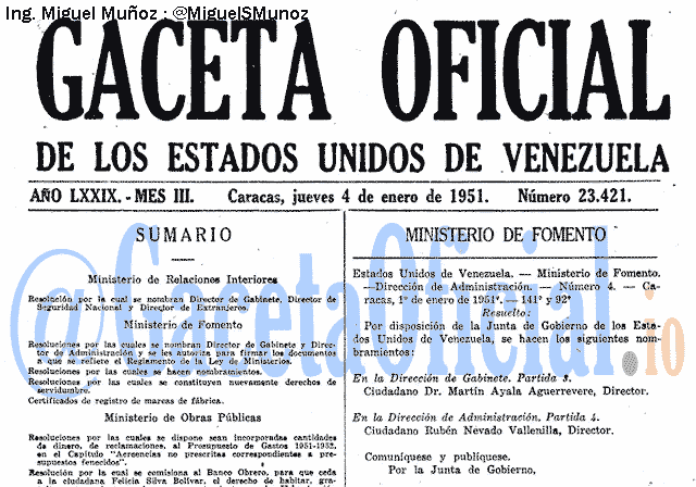 Gaceta Oficial 23421 del 4 Enero 1951