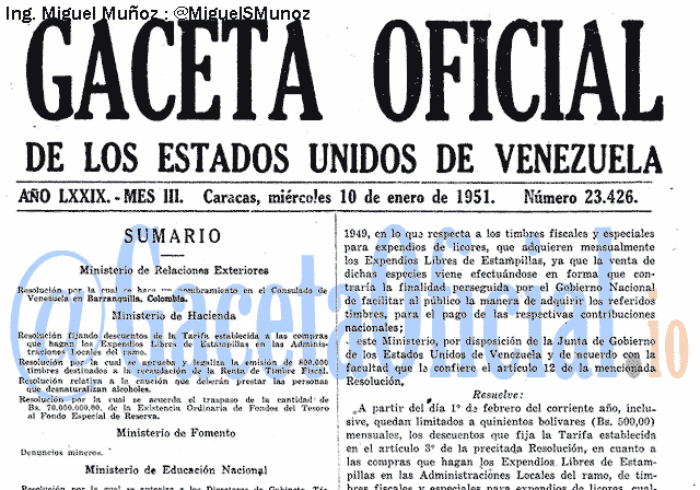 Gaceta Oficial 23426 del 10 Enero 1951