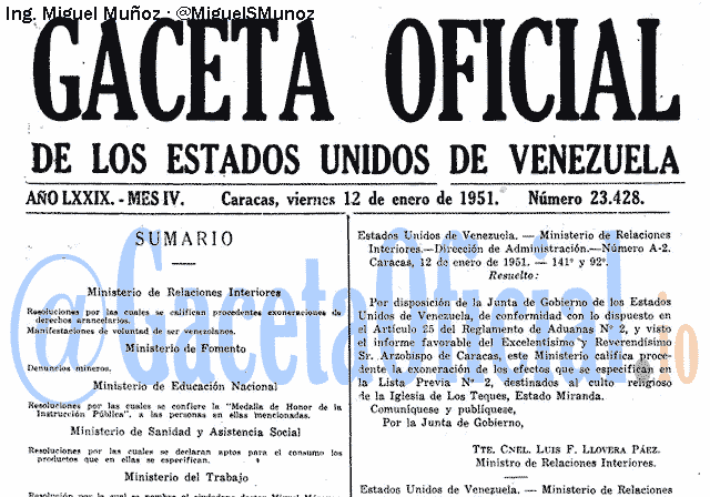 Gaceta Oficial 23428 del 12 Enero 1951