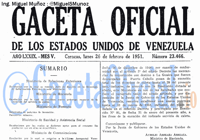 Gaceta Oficial 23466 del 26 Febrero 1951