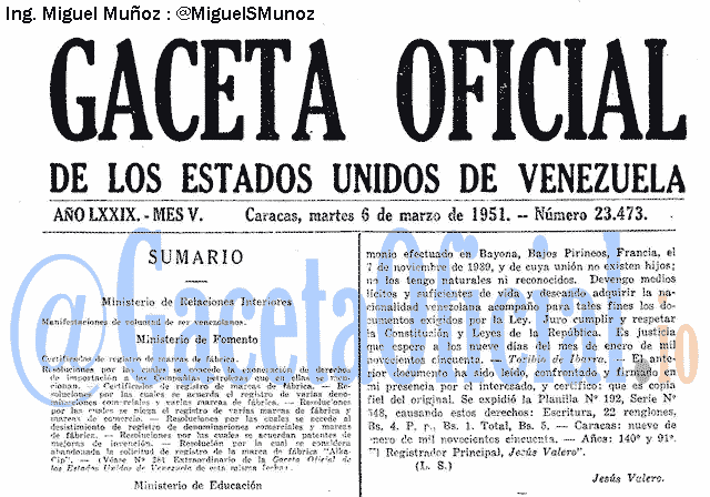 Gaceta Oficial 23473 del 6 Marzo 1951