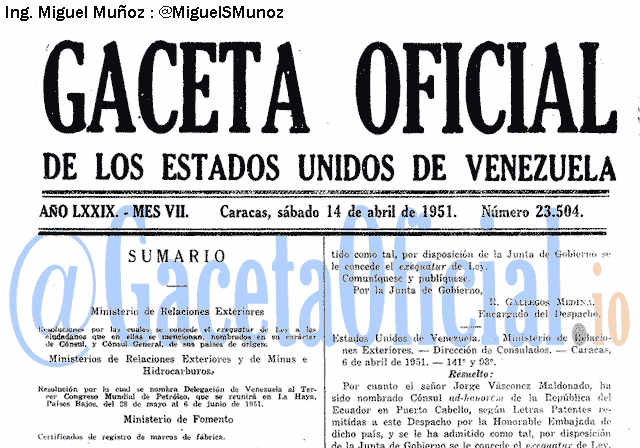 Gaceta Oficial 23504 del 14 Abril 1951