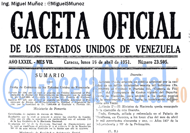 Gaceta Oficial 23505 del 16 Abril 1951