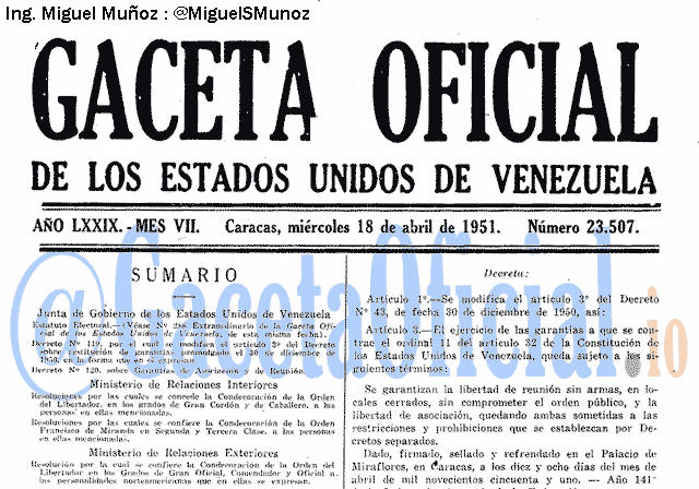 Gaceta Oficial 23507 del 18 Abril 1951