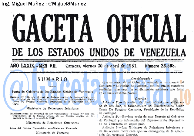 Gaceta Oficial 23508 del 20 Abril 1951