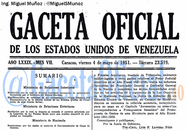Gaceta Oficial 23519 del 4 Mayo 1951
