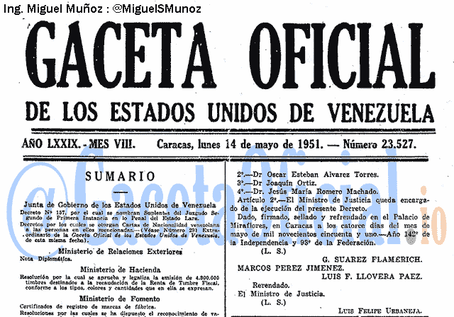 Gaceta Oficial 23527 del 14 Mayo 1951