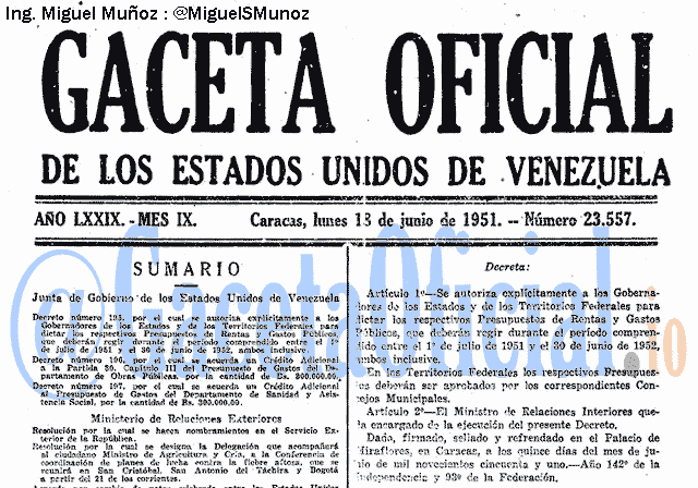 Gaceta Oficial 23557 del 18 Junio 1951