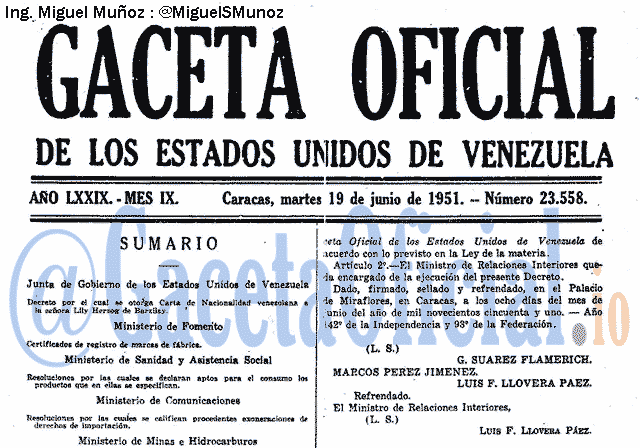 Gaceta Oficial 23558 del 19 Junio 1951