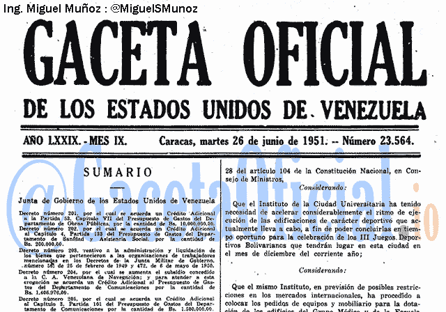 Gaceta Oficial 23564 del 26 Junio 1951