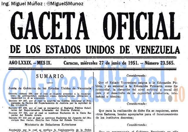 Gaceta Oficial 23565 del 27 Junio 1951