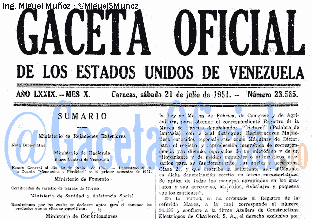 Gaceta Oficial 23585 del 21 Julio 1951
