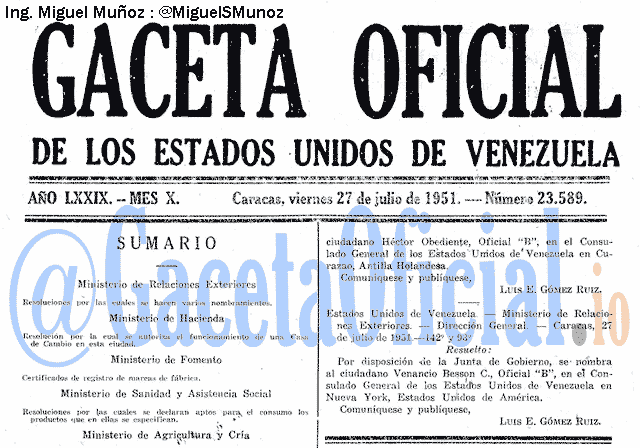 Gaceta Oficial 23589 del 27 Julio 1951