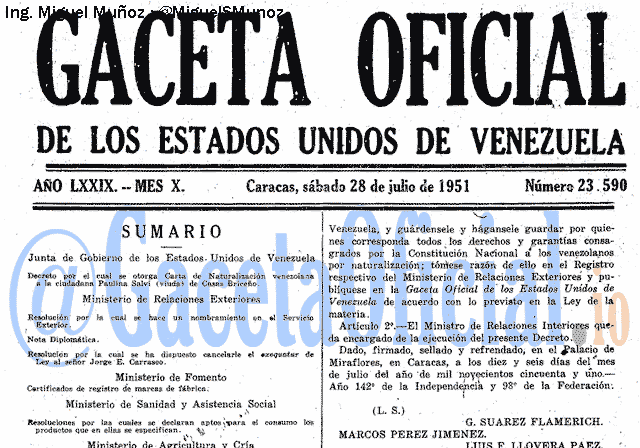 Gaceta Oficial 23590 del 28 Julio 1951