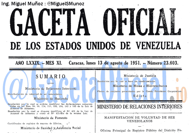 Gaceta Oficial 23603 del 13 Agosto 1951