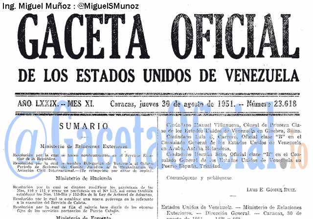 Gaceta Oficial 23618 del 30 Agosto 1951
