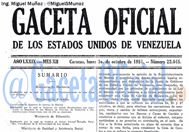 Gaceta Oficial 23645 del 1 Octubre 1951